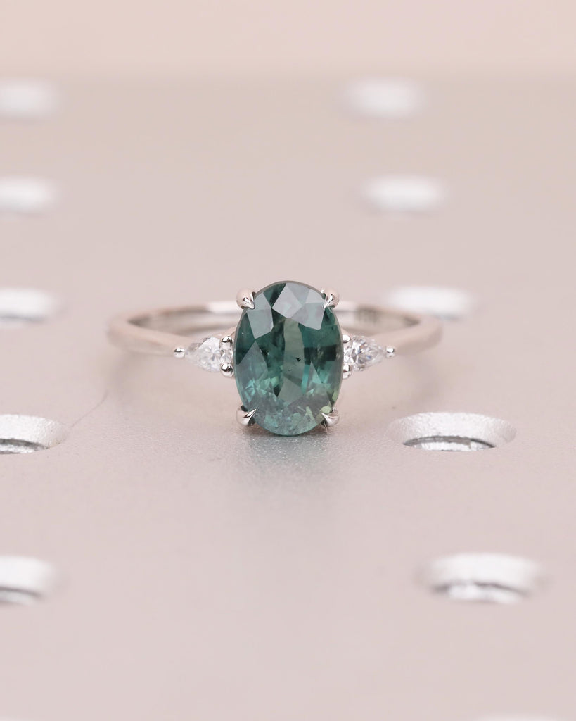 Oval Engagement Ring, 18k White Gold Pear Cut Diamond and Teal Sapphire Ring image #2