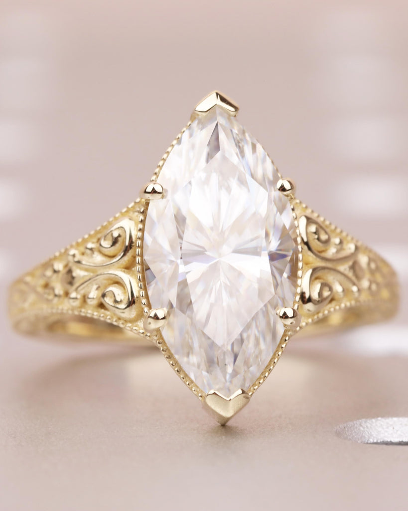 Vintage Style Marquise Moissanite Engagement Ring, Marquise Cut Solitaire Ring, 14k Solid Gold Filigree Promise Ring, Antique Engraved Band image #2