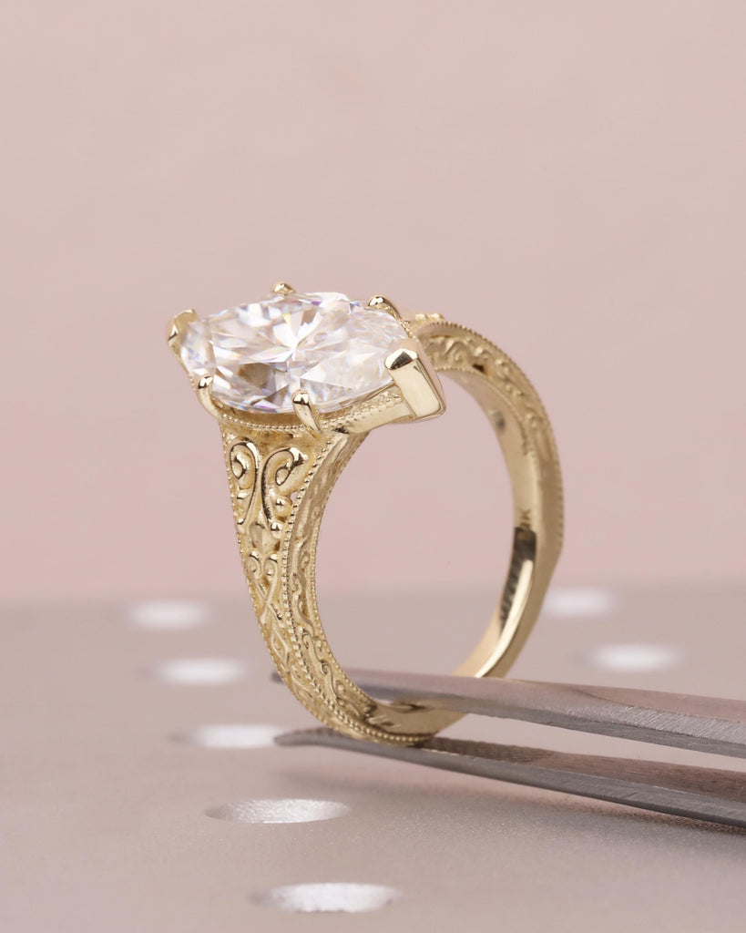 Vintage Style Marquise Moissanite Engagement Ring, Marquise Cut Solitaire Ring, 14k Solid Gold Filigree Promise Ring, Antique Engraved Band image #3