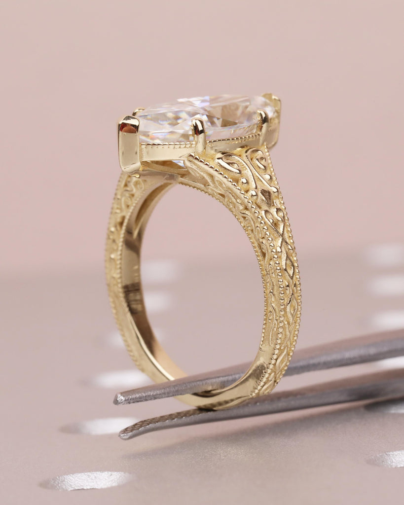 Vintage Style Marquise Moissanite Engagement Ring, Marquise Cut Solitaire Ring, 14k Solid Gold Filigree Promise Ring, Antique Engraved Band image #9