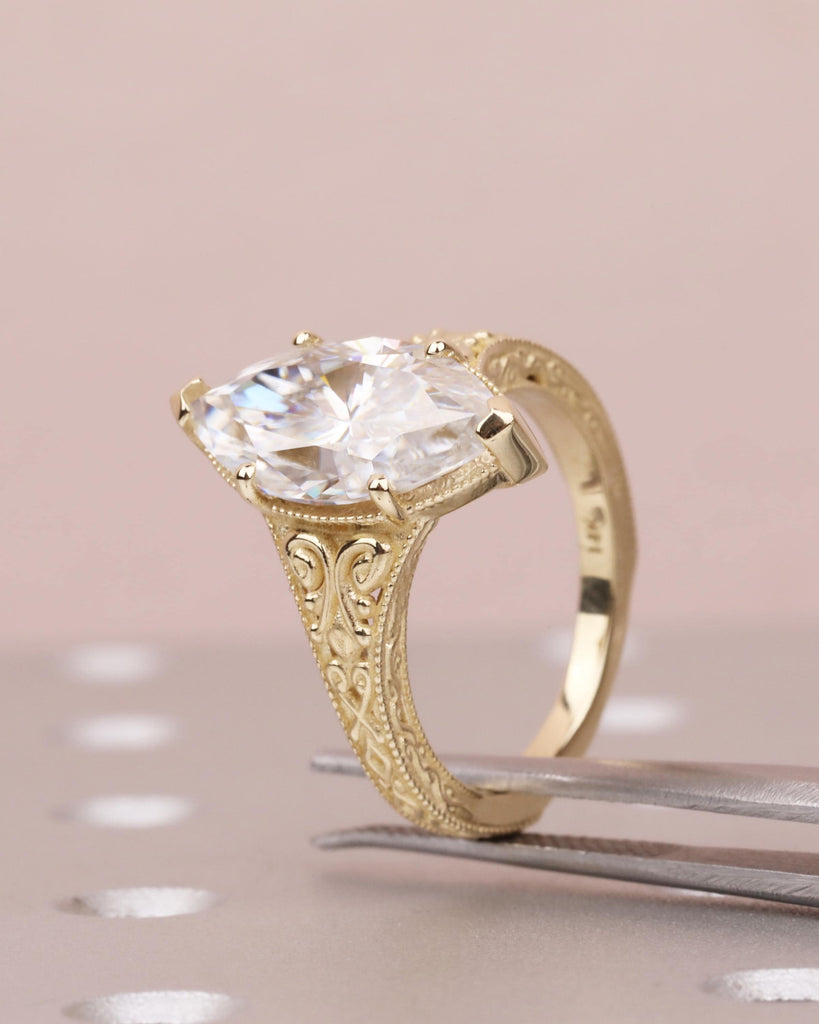 Vintage Lab Grown Diamond Engagement Ring VVS2 Clarity, Marquise Solitaire Ring, 14k Solid Gold Filigree Promise Ring, Antique Engraved Band