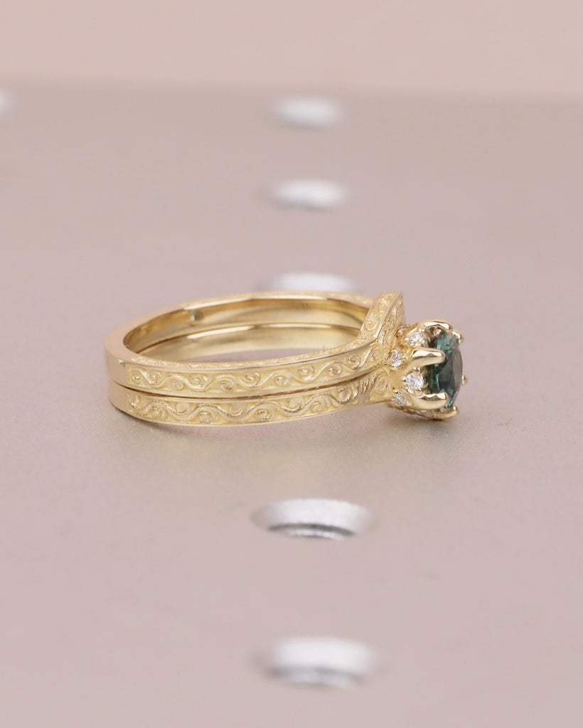 Art Deco 14k Gold Bridal Ring Set, Peacock Sapphire Engagement Ring, Birthstone Jewelry image #3