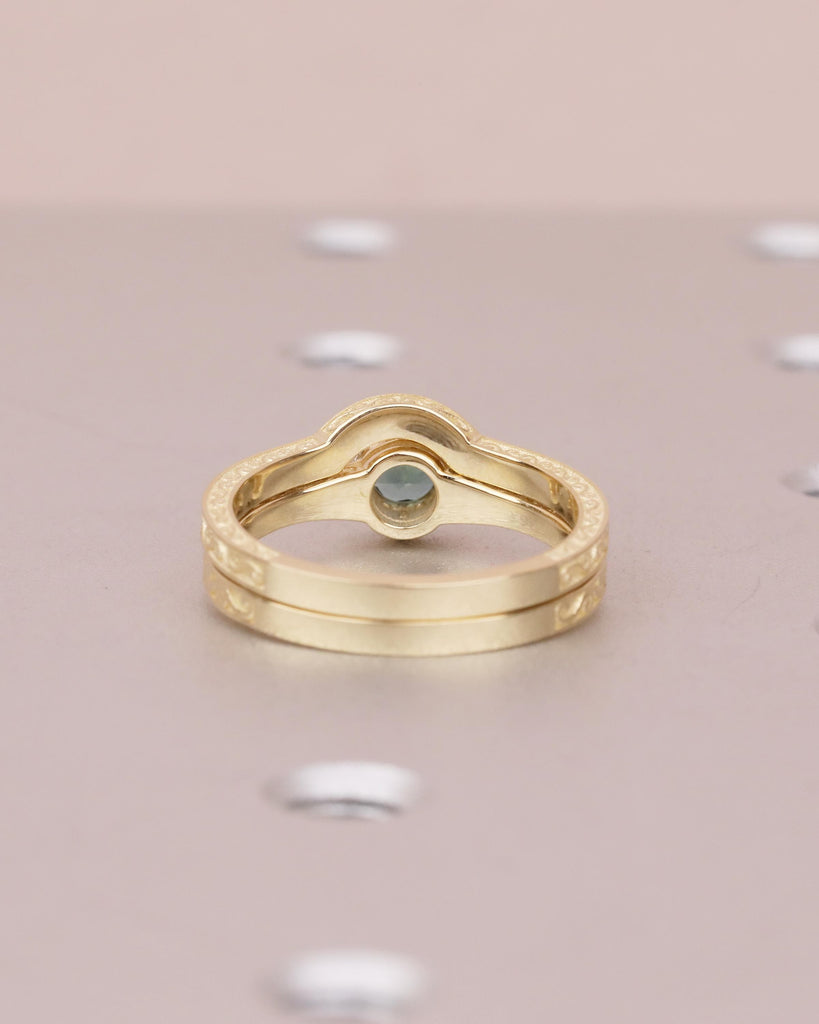 Art Deco 14k Gold Bridal Ring Set, Peacock Sapphire Engagement Ring, Birthstone Jewelry image #7