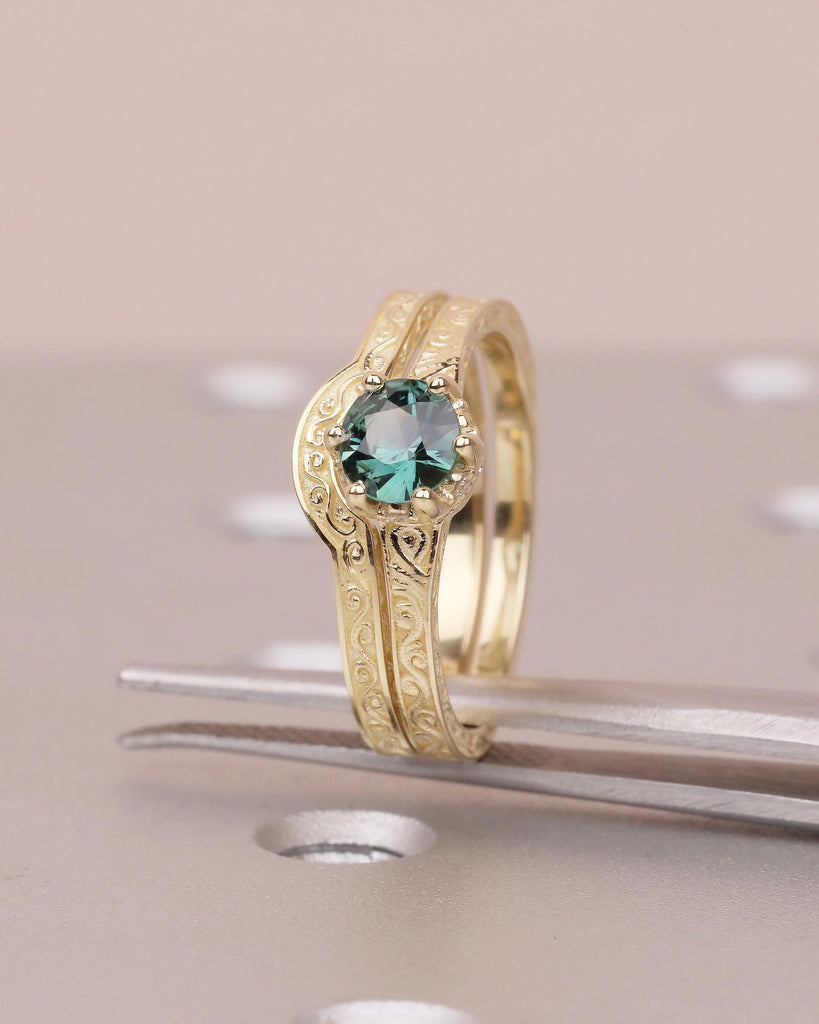 0.5ct Round Teal Sapphire Engagement Ring Set | Vintage Style 14k Yellow Gold Filigree Ring | Diamond Hidden Halo Ring | Stackable Rings image #13