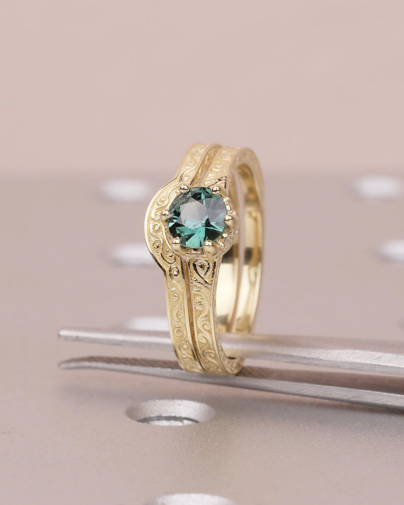 Art Deco 14k Gold Bridal Ring Set, Peacock Sapphire Engagement Ring, Birthstone Jewelry image #13
