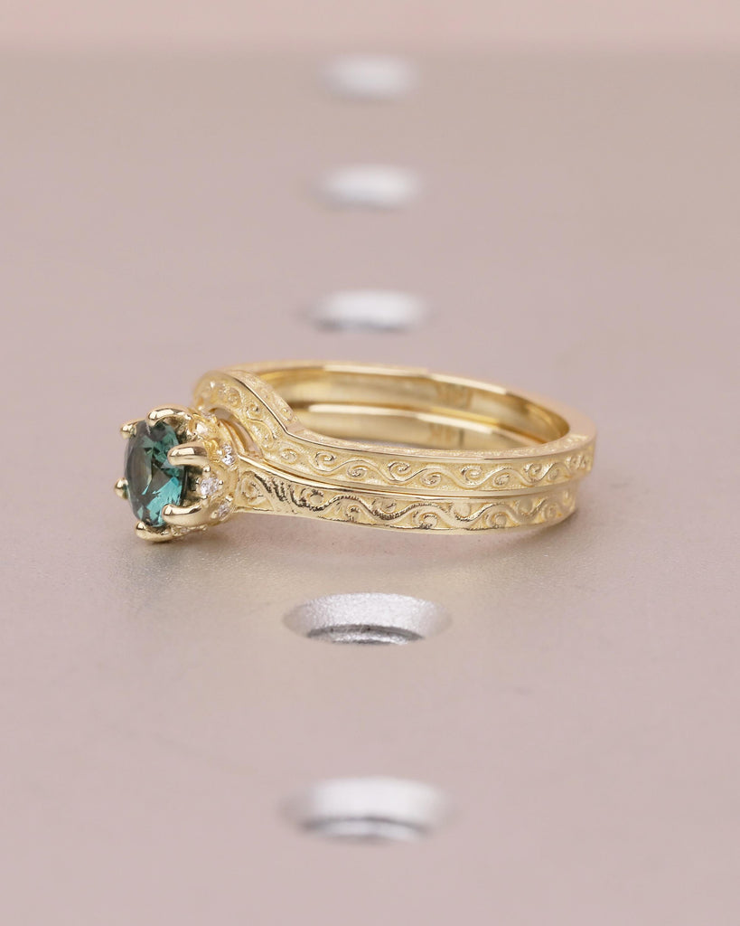 Art Deco 14k Gold Bridal Ring Set, Peacock Sapphire Engagement Ring, Birthstone Jewelry image #9