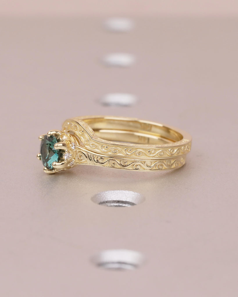 0.5ct Round Teal Sapphire Engagement Ring Set | Vintage Style 14k Yellow Gold Filigree Ring | Diamond Hidden Halo Ring | Stackable Rings image #9