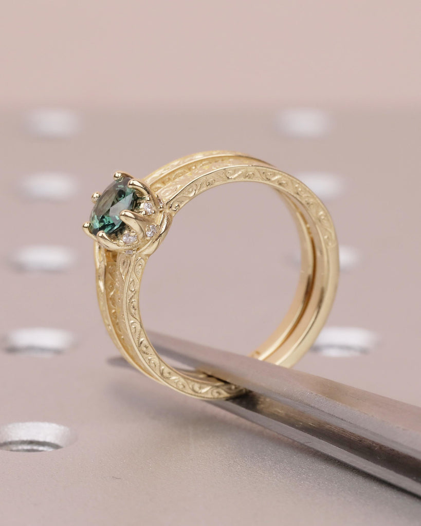 Art Deco 14k Gold Bridal Ring Set, Peacock Sapphire Engagement Ring, Birthstone Jewelry image #15