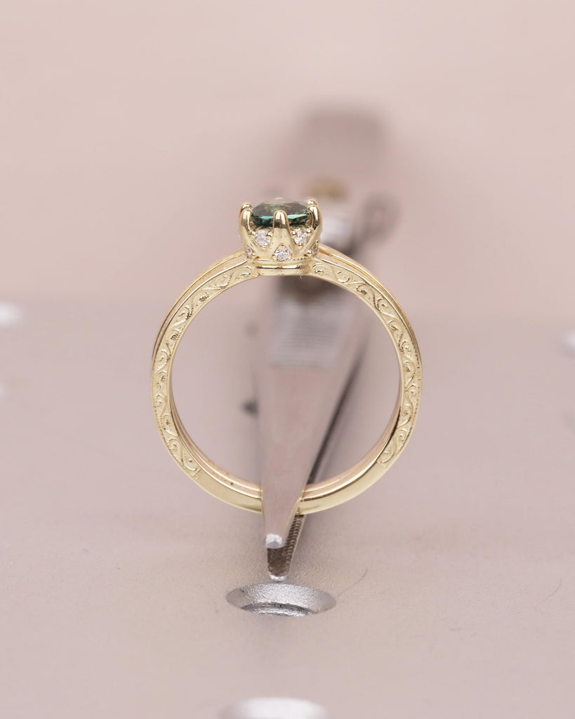 Art Deco 14k Gold Bridal Ring Set, Peacock Sapphire Engagement Ring, Birthstone Jewelry image #6