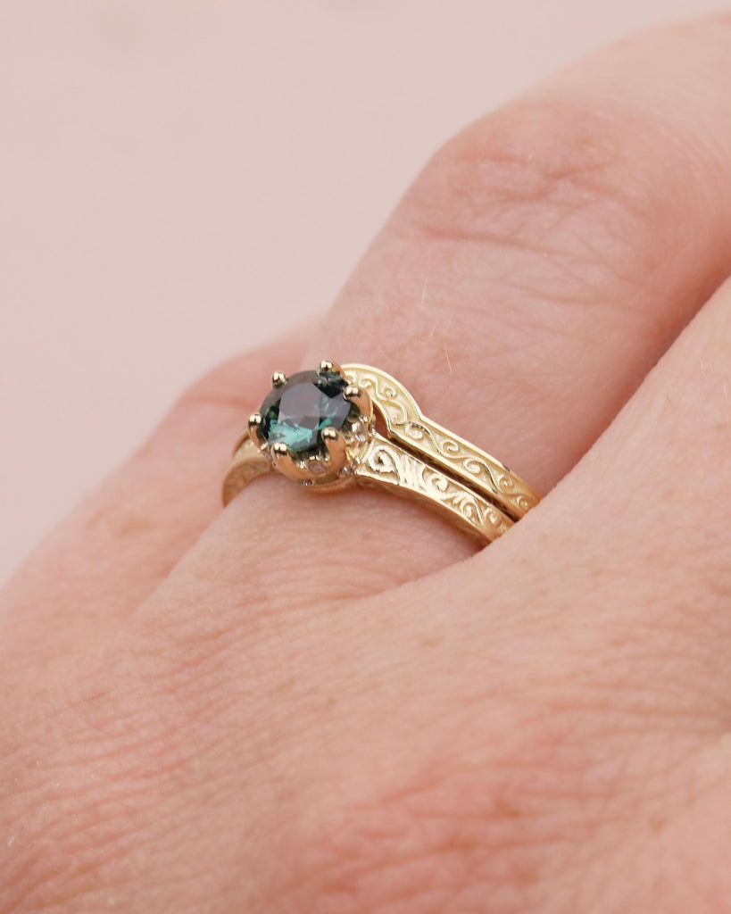 Art Deco 14k Gold Bridal Ring Set, Peacock Sapphire Engagement Ring, Birthstone Jewelry image #14