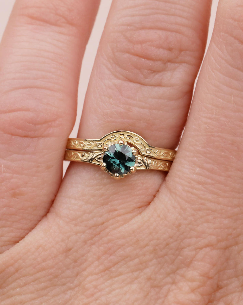 0.5ct Round Teal Sapphire Engagement Ring Set | Vintage Style 14k Yellow Gold Filigree Ring | Diamond Hidden Halo Ring | Stackable Rings image #11