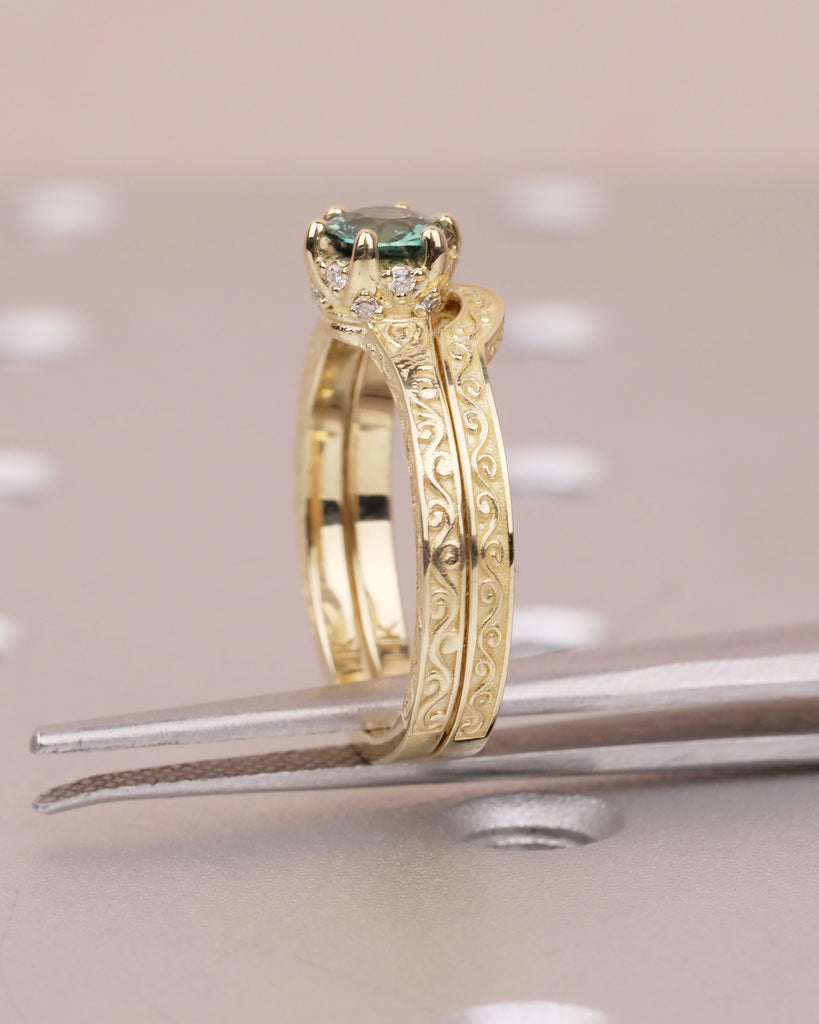 0.5ct Teal Sapphire Ring, 14k Gold Scrollwork Engagement Ring Set, September Birthstone Rings image #3