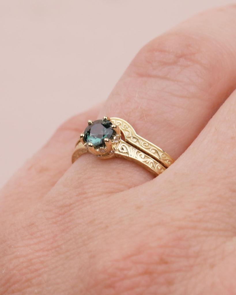 0.5ct Teal Sapphire Ring, 14k Gold Scrollwork Engagement Ring Set, September Birthstone Rings image #12