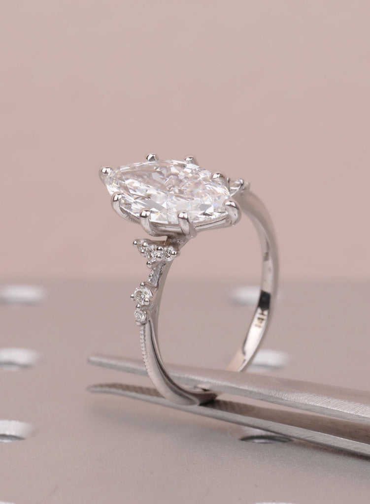 Lab Diamond Marquise Engagement Rings, Vintage Moissanite Cluster Rings For Women, Delicate 14K White Gold Promise Ring, Statement Ring image #8