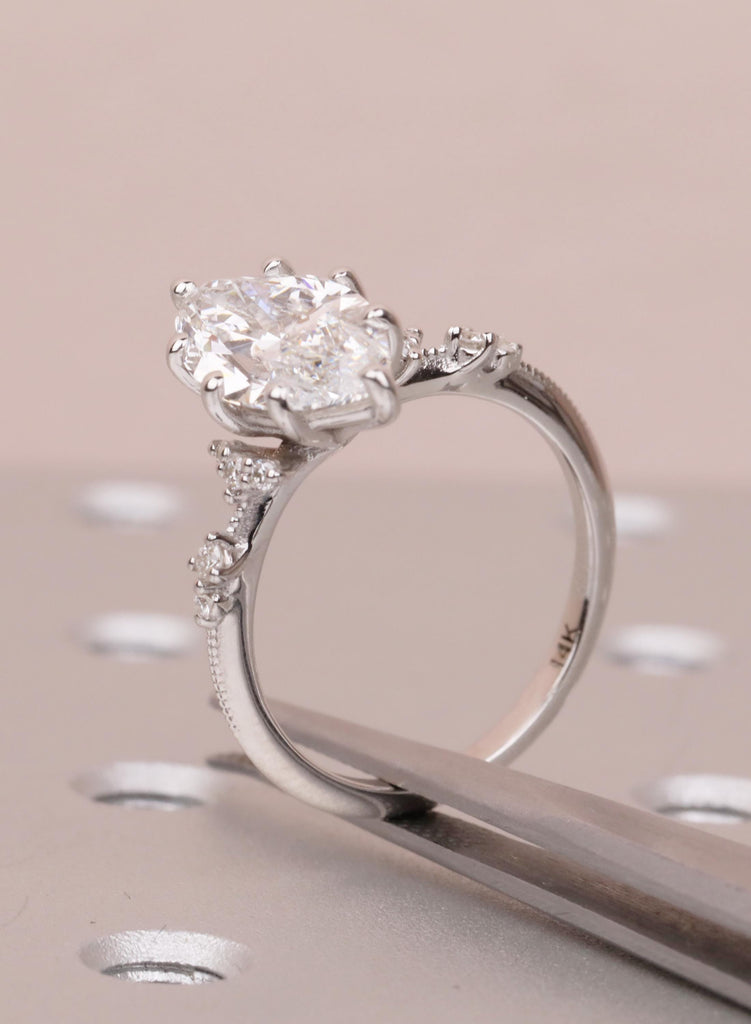 Lab Diamond Marquise Engagement Rings, Vintage Moissanite Cluster Rings For Women, Delicate 14K White Gold Promise Ring, Statement Ring image #7