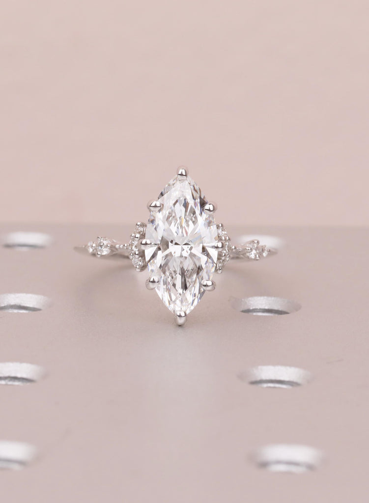 Lab Diamond Marquise Engagement Rings, Vintage Moissanite Cluster Rings For Women, Delicate 14K White Gold Promise Ring, Statement Ring image #1