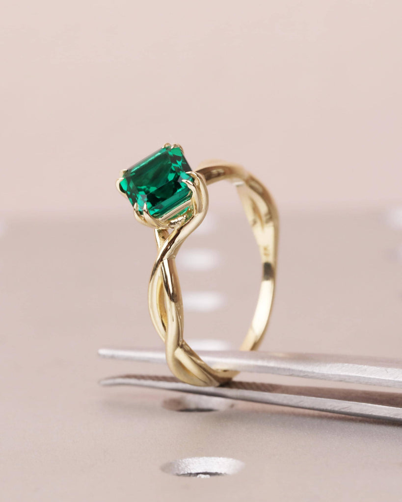 Green Emerald Engagement Ring: Asscher Cut Emerald, Twisted Band, 4 Double Claw Prongs, 14K Yellow Gold