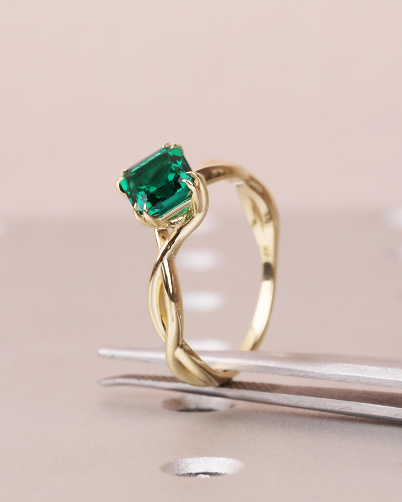Asscher Cut Emerald Engagement Ring | Twisted Braided Band Ring | 14K Yellow Gold Emerald Ring with Double Claw Prongs | May Birthstone Ring image #3