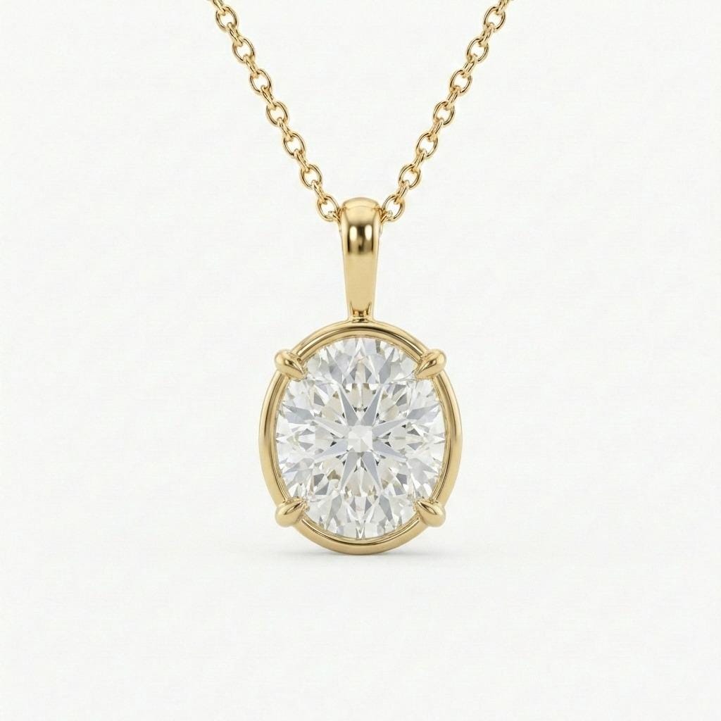 0.5-2ct Bezel set Pendant | Oval cut CVD Diamond Necklace for Her | 14k or 18k Solid Gold Layering Necklace | Minimalist Jewelry image #2