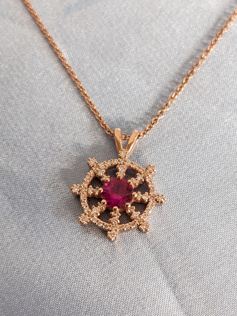 Round Ruby Rose Gold Necklace for Women | Diamond Pendant Nautical Wheel Charm Necklace | July Birthstone Jewelry Gift for Her image #8