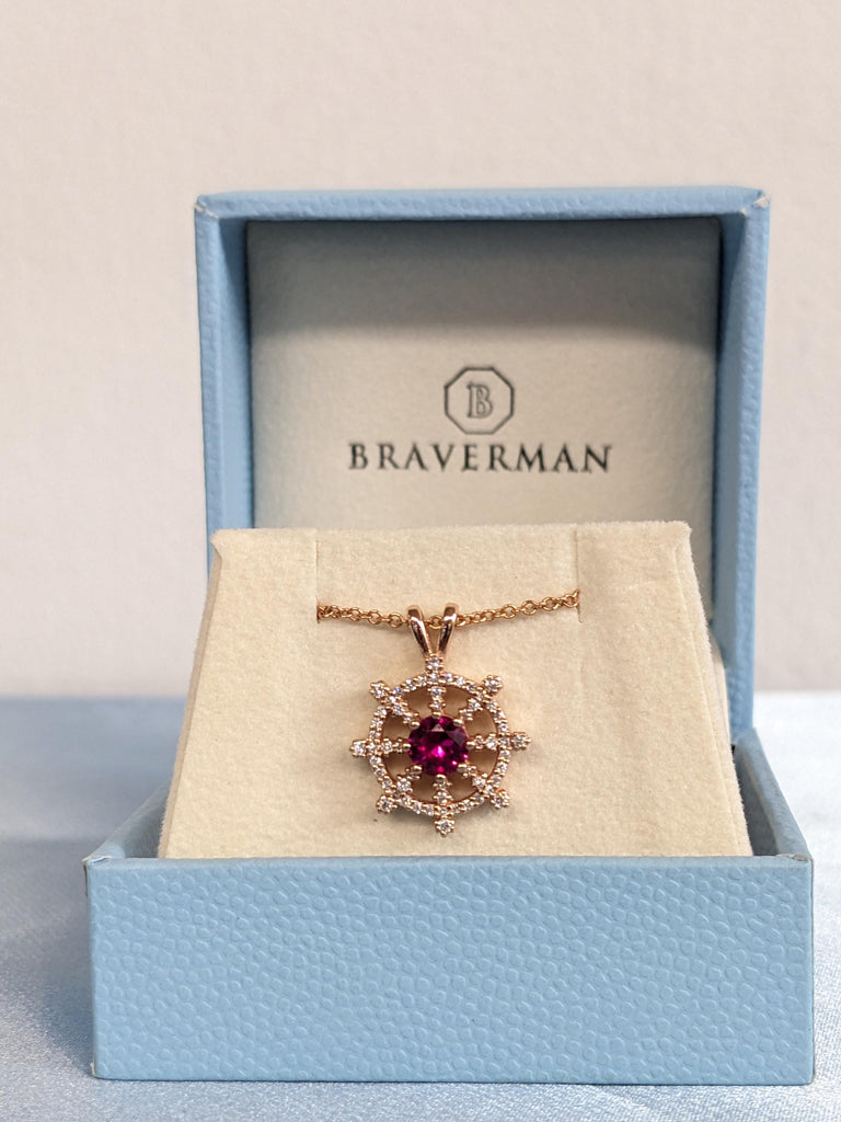Round Ruby Rose Gold Necklace for Women | Diamond Pendant Nautical Wheel Charm Necklace | July Birthstone Jewelry Gift for Her image #11