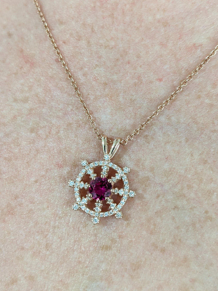 Round Ruby Rose Gold Necklace for Women | Diamond Pendant Nautical Wheel Charm Necklace | July Birthstone Jewelry Gift for Her image #10