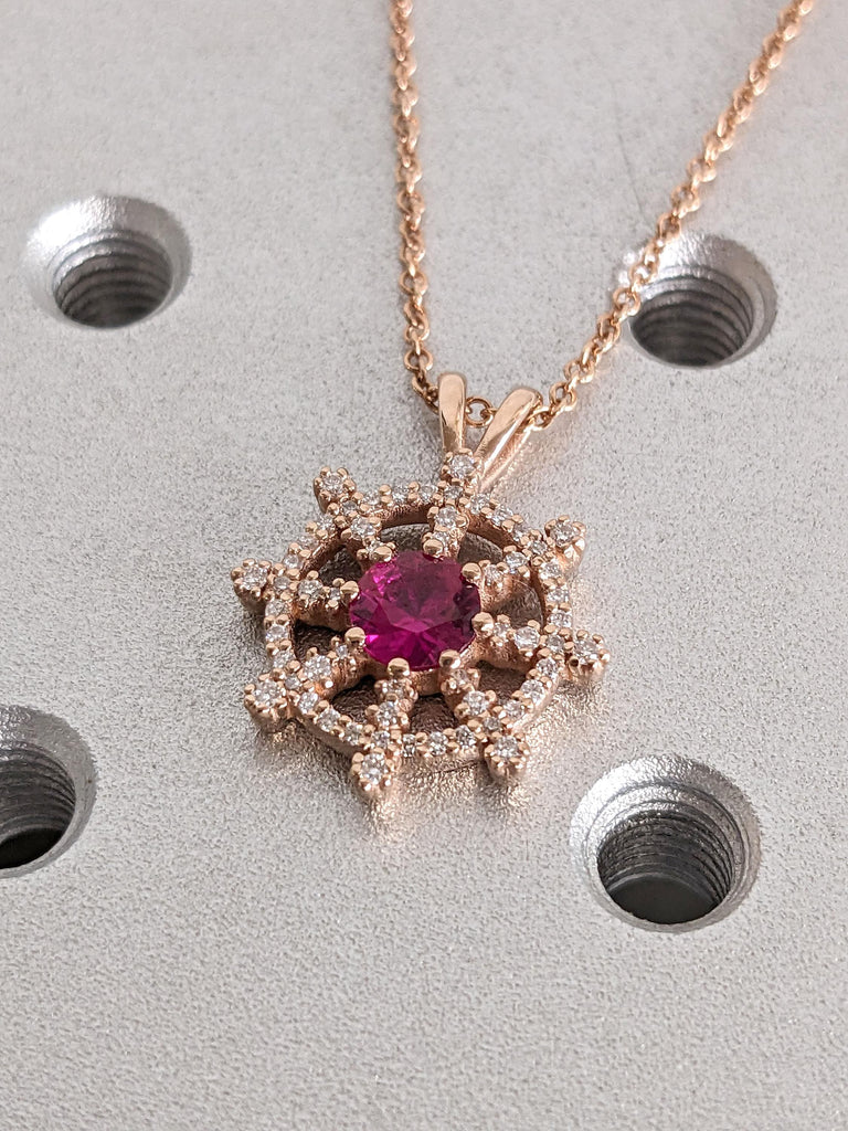 Round Ruby Rose Gold Necklace for Women | Diamond Pendant Nautical Wheel Charm Necklace | July Birthstone Jewelry Gift for Her image #2