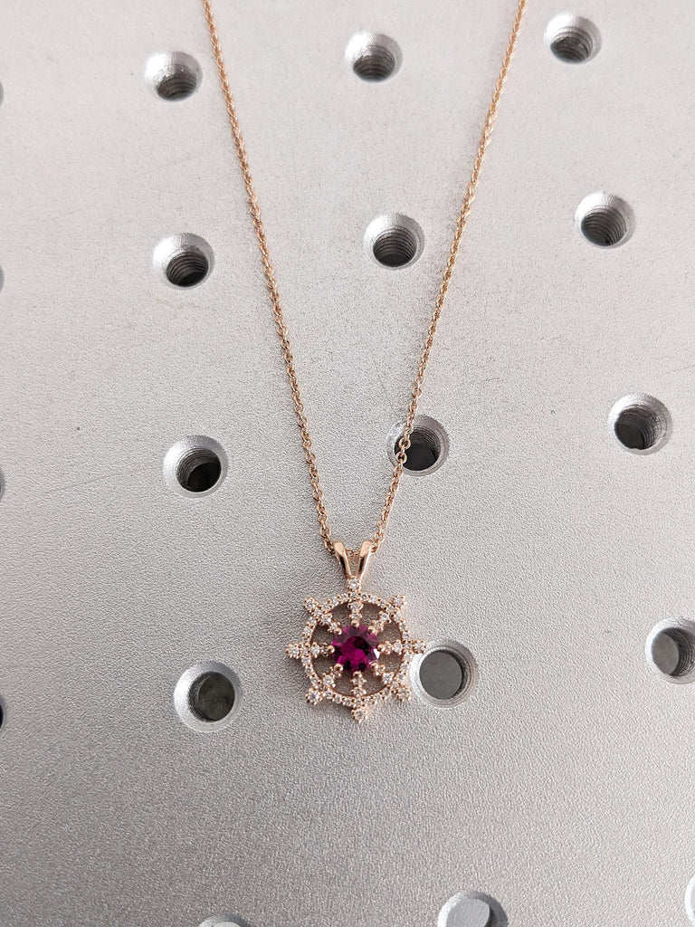 Round Ruby Rose Gold Necklace for Women | Diamond Pendant Nautical Wheel Charm Necklace | July Birthstone Jewelry Gift for Her image #9