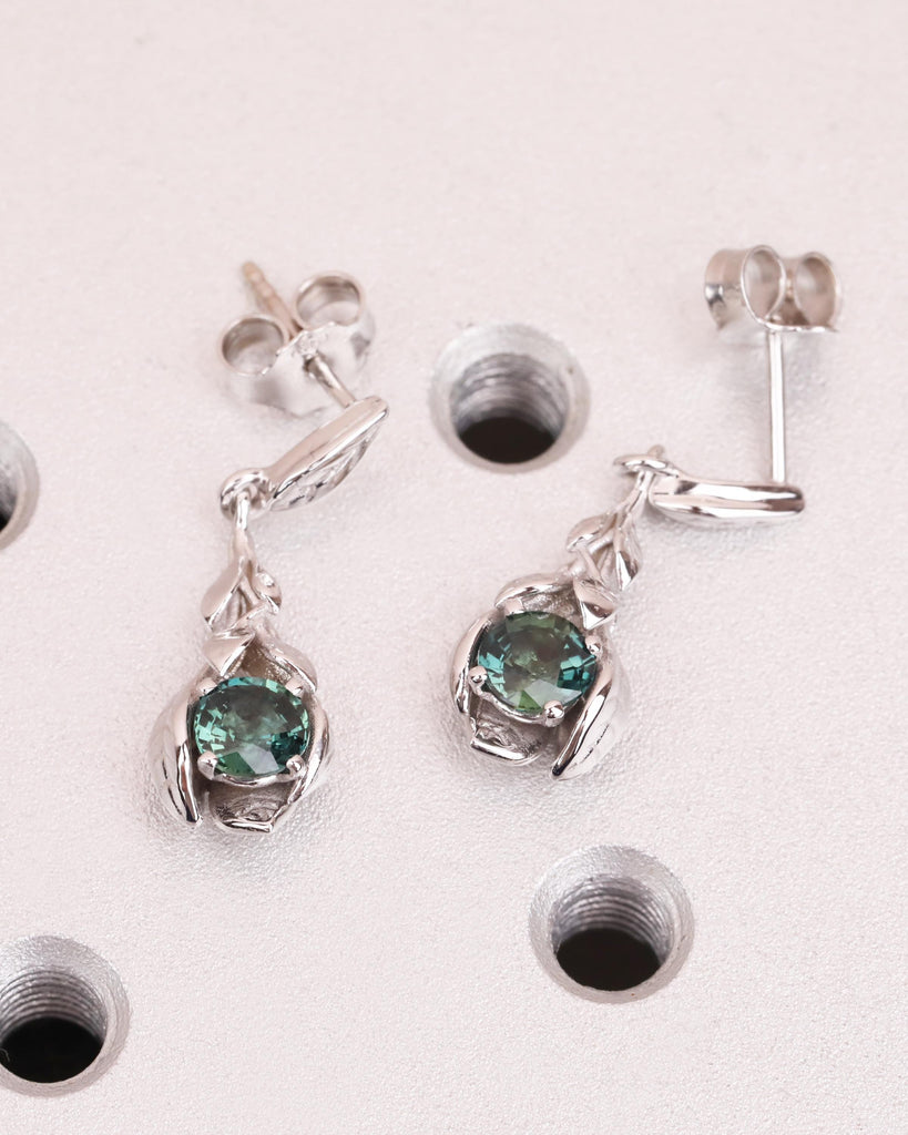 Teal Sapphire Earring, Solid Gold Dangle Earrings, Blue Green Nature Inspired Earrings, Bridesmaid Gift, Everyday Wear, September Birthstone image #7