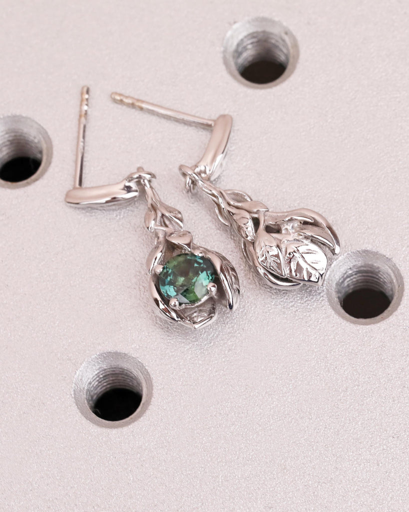 Gold Drop Earrings - Teal Sapphire Earrings - Leaf Earrings - Nature Earrings - Blue Green Sapphire - Natural Gemstone Earrings image #8