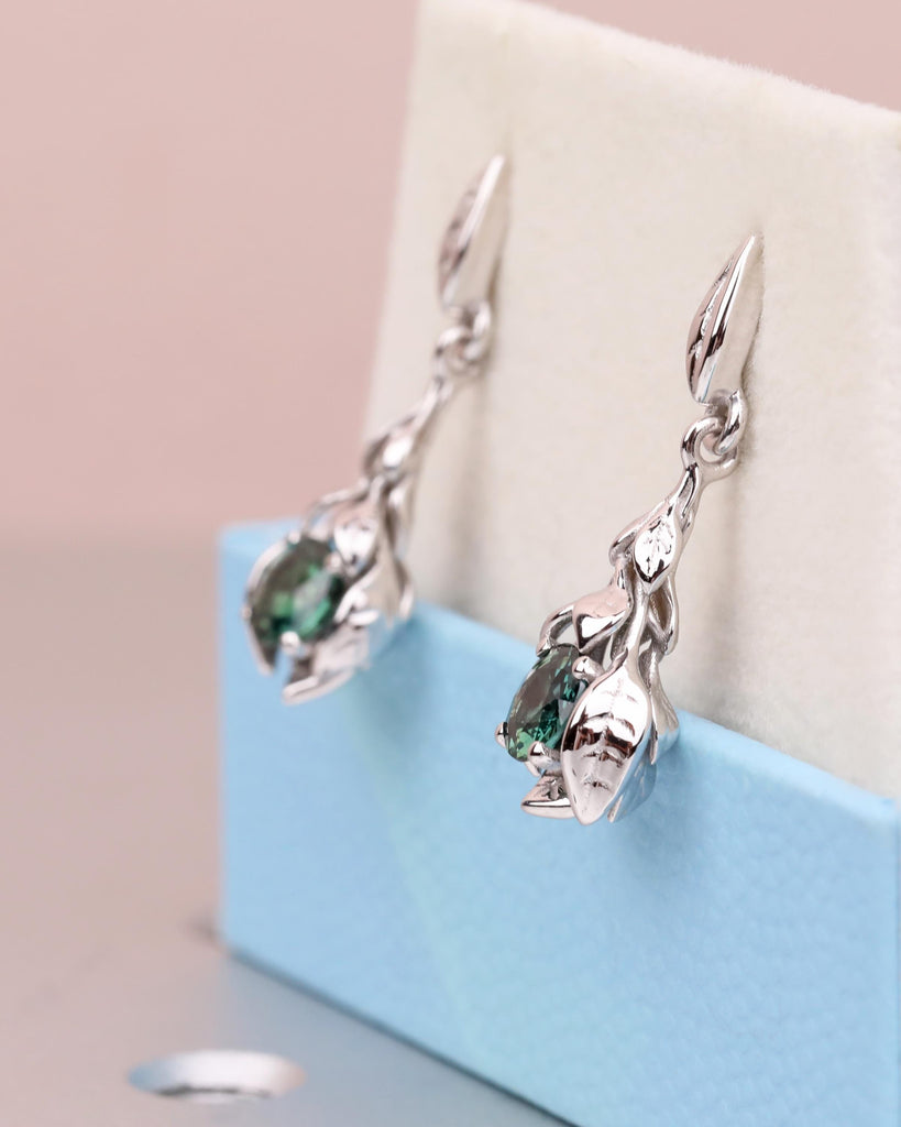 Gold Drop Earrings - Teal Sapphire Earrings - Leaf Earrings - Nature Earrings - Blue Green Sapphire - Natural Gemstone Earrings image #3