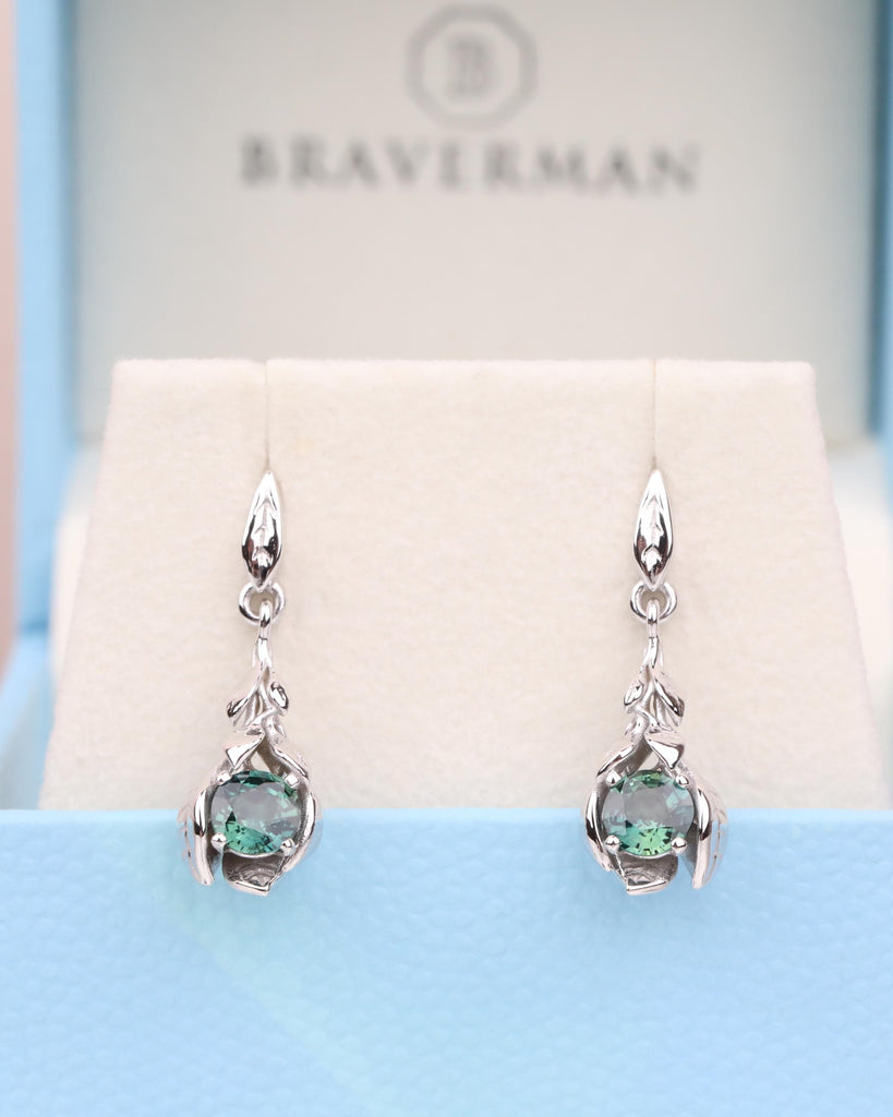Teal Sapphire Earring, Solid Gold Dangle Earrings, Blue Green Nature Inspired Earrings, Bridesmaid Gift, Everyday Wear, September Birthstone image #4