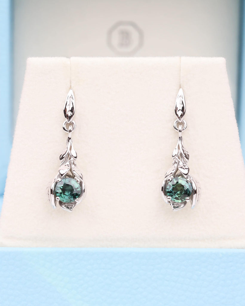 Teal Sapphire Earring, Solid Gold Dangle Earrings, Blue Green Nature Inspired Earrings, Bridesmaid Gift, Everyday Wear, September Birthstone