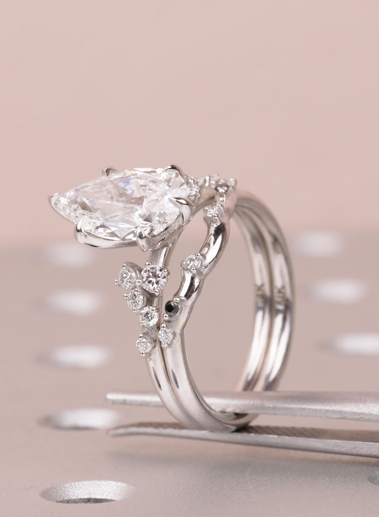 Vintage Pear Moissanite Engagement Ring Set, Cluster Moissanite Bridal Set for Women with Matching Band, Wedding Anniversary Ring For Her image #13