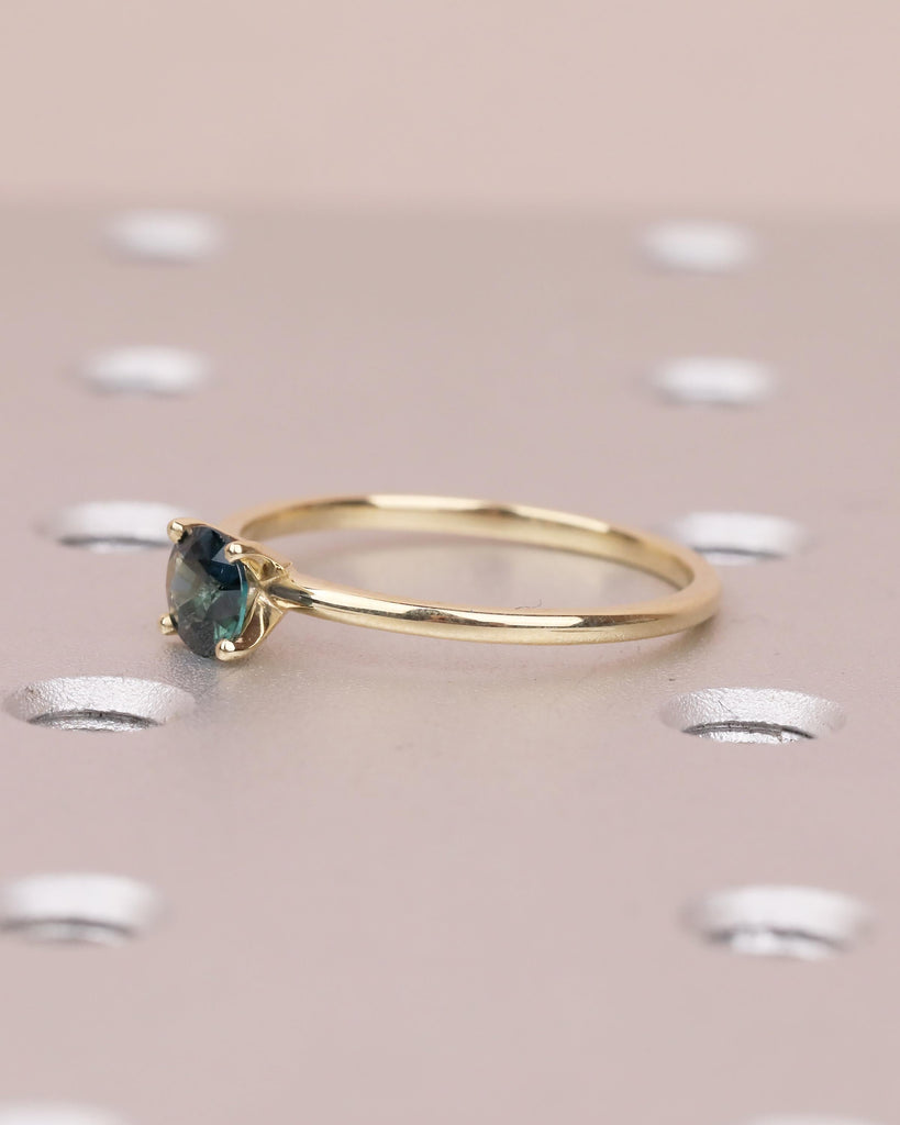 Round Teal Sapphire Engagement Ring, Comfort Fit 14k Solid Gold Solitaire Ring, Minimalist Green Gemstone Jewelry, September Birthstone Ring image #4