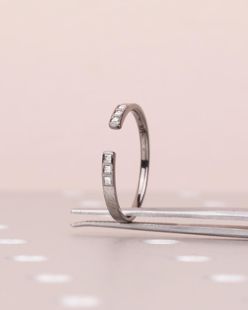 14k Gold Open Wedding Band, Princess Cut Diamond Band, Open Moissanite Ring, Open Gap Wedding Band, Dainty Stackable Black Gold Promise Ring image #4