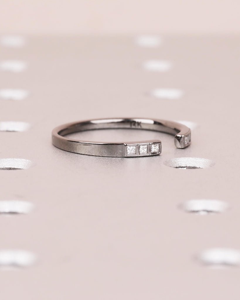 14k Gold Open Wedding Band, Princess Cut Diamond Band, Open Moissanite Ring, Open Gap Wedding Band, Dainty Stackable Black Gold Promise Ring image #2