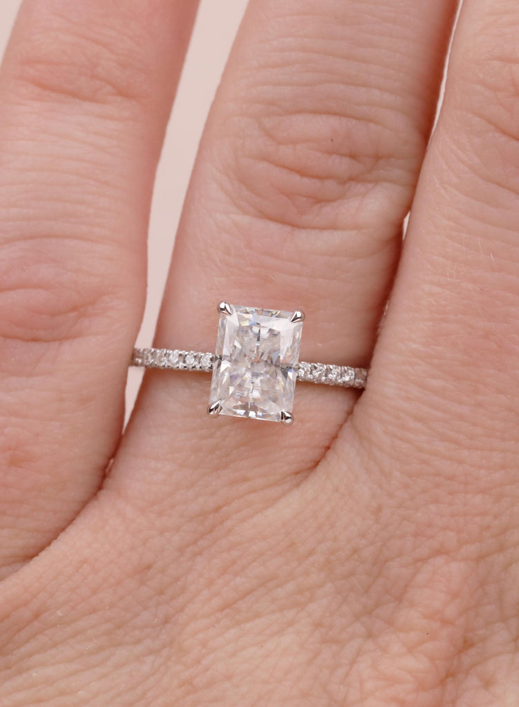 Hidden Halo 14K Gold Moissanite Engagement Ring, Radiant Cut Ring, Half Eternity Pave Diamond Band