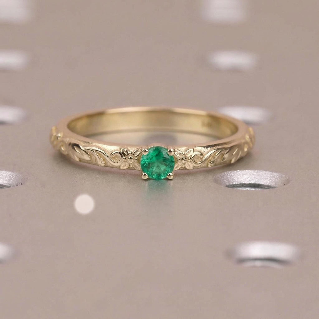 May Birthstone Rustic Engagement Ring:  Round cut Green Emerald, Solid Gold or Platinum, Handmade Flower Petals and Vine Band image #2
