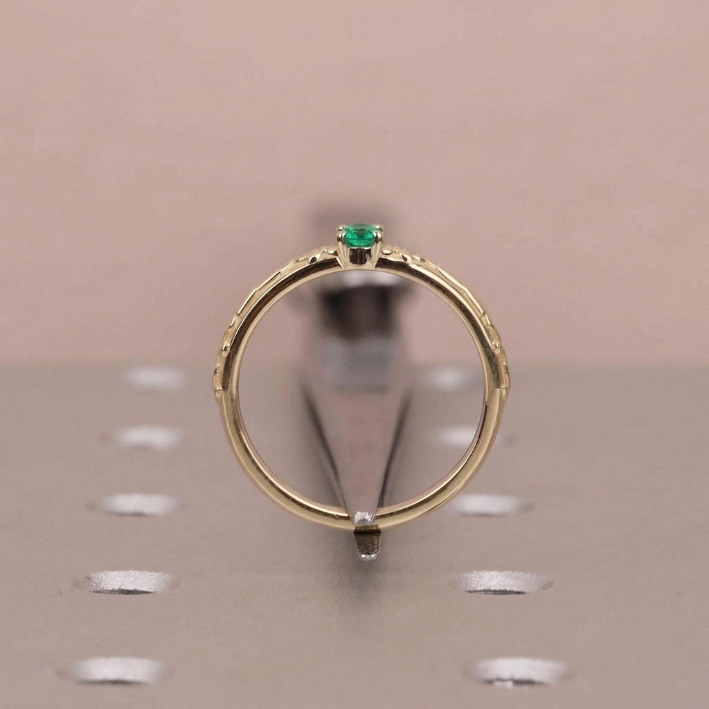 May Birthstone Rustic Engagement Ring:  Round cut Green Emerald, Solid Gold or Platinum, Handmade Flower Petals and Vine Band image #5