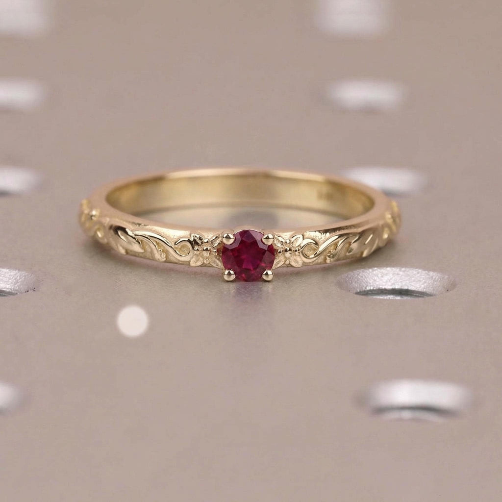 14k Vintage Red Ruby Floral Engagement Ring | Nature Inspired Leaf Wedding Band | Solitaire Gemstone Promise Rings for Women