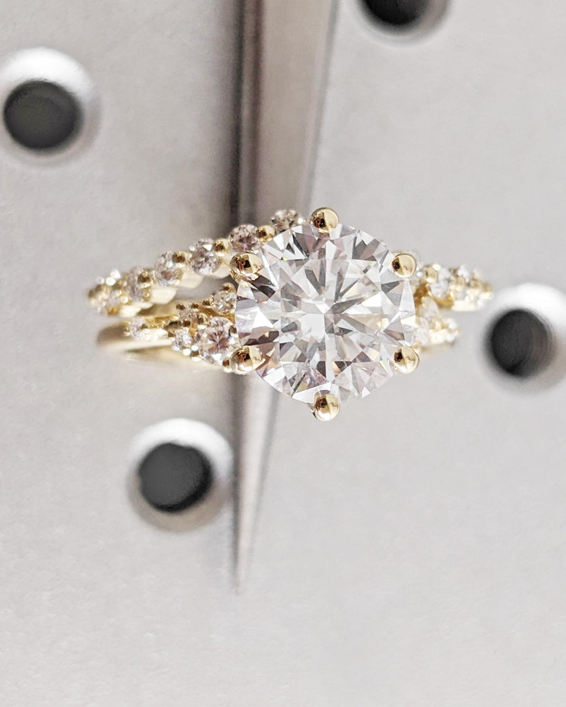 Vintage Engagement Ring Set: IGI Certified Lab Grown Diamond, Snowdrift Cluster Ring, Curved Wedding Band, 14K Solid Gold Rings image #10
