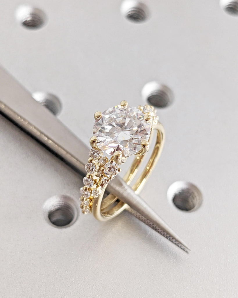 Vintage Engagement Ring Set: IGI Certified Lab Grown Diamond, Snowdrift Cluster Ring, Curved Wedding Band, 14K Solid Gold Rings
