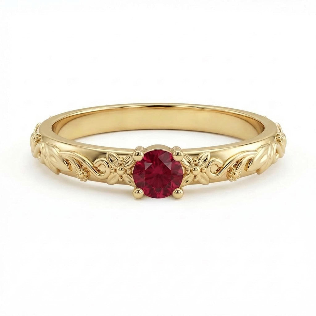 14k Vintage Red Ruby Floral Engagement Ring | Nature Inspired Leaf Wedding Band | Solitaire Gemstone Promise Rings for Women image #7
