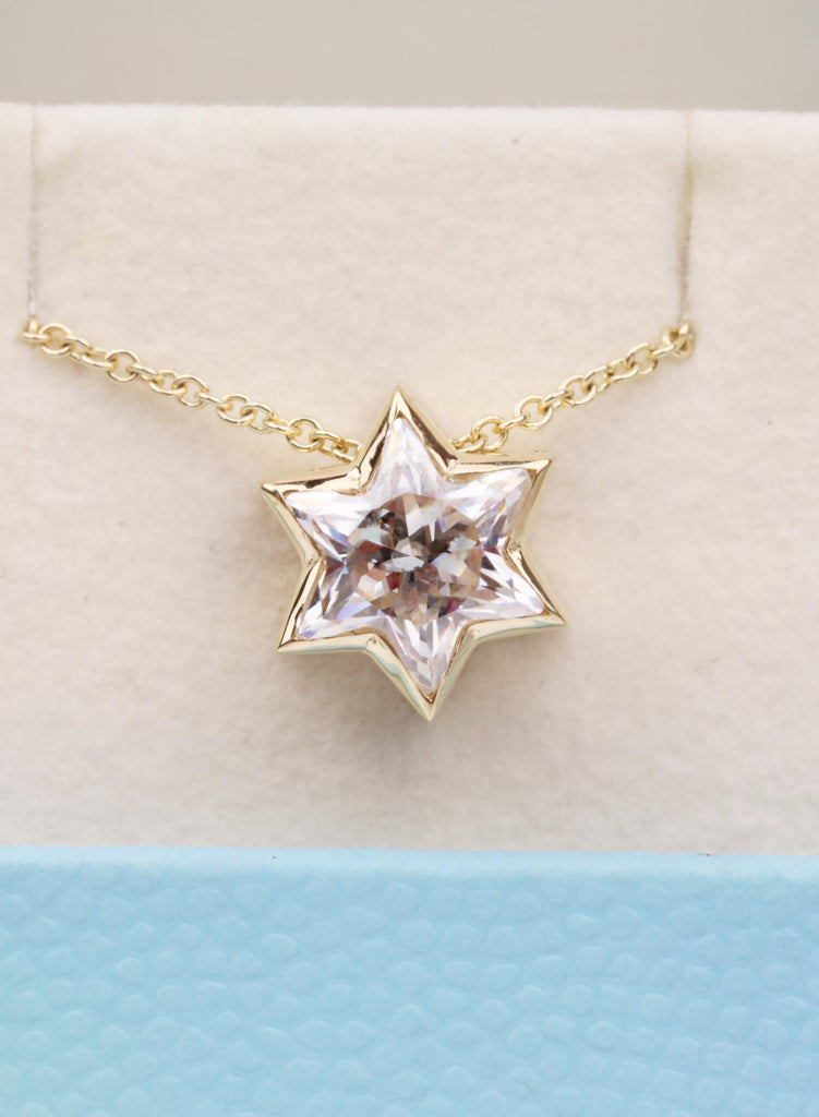 Moissanite Star of David Necklace | 14k Yellow Gold Magen Pendant, Bezel-Set Solitaire Necklace image #2