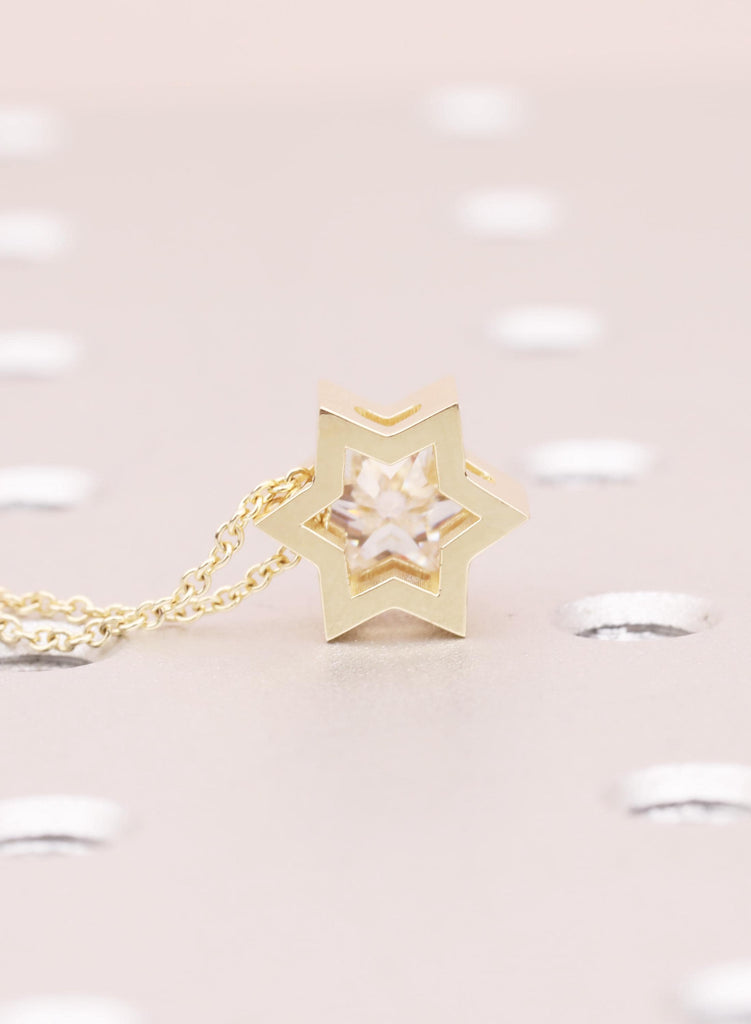 Moissanite Star of David Necklace | 14k Yellow Gold Magen Pendant, Bezel-Set Solitaire Necklace image #4
