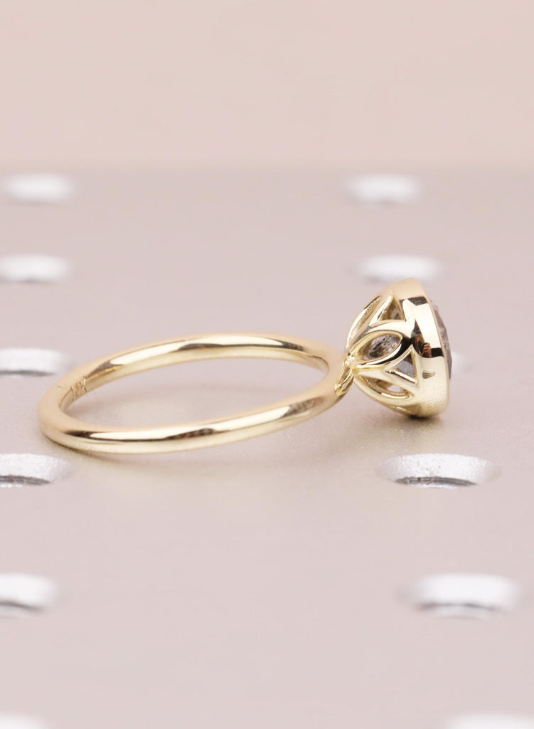 14K Yellow Gold Salt and Pepper Diamond Engagement Ring, Tulip Setting Flower Round Cut Solitaire Diamond Lotus Floral Proposal Ring For Her image #4