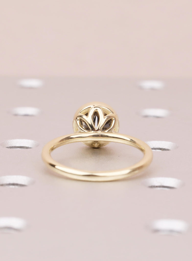 14K Yellow Gold Salt and Pepper Diamond Engagement Ring, Tulip Setting Flower Round Cut Solitaire Diamond Lotus Floral Proposal Ring For Her image #5