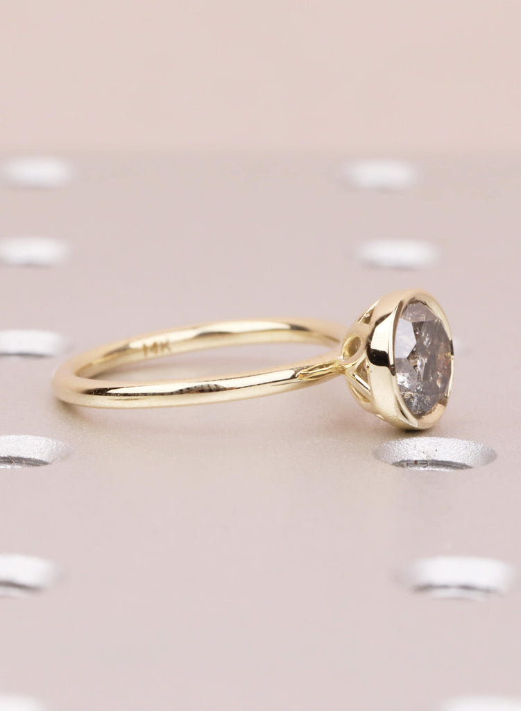 14K Yellow Gold Salt and Pepper Diamond Engagement Ring, Tulip Setting Flower Round Cut Solitaire Diamond Lotus Floral Proposal Ring For Her image #3
