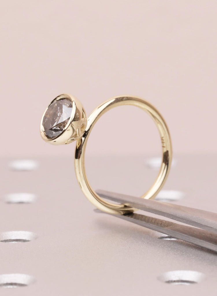 14K Yellow Gold Salt and Pepper Diamond Engagement Ring, Tulip Setting Flower Round Cut Solitaire Diamond Lotus Floral Proposal Ring For Her image #8